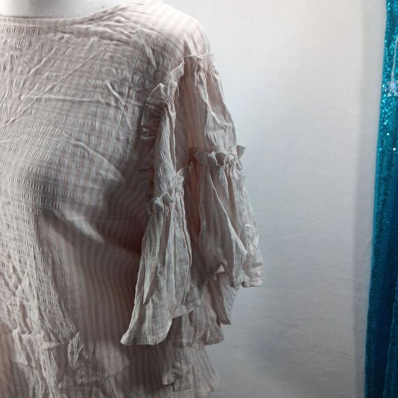 NWT Chelsea & Theodore Women SZ XS Taupe Striped Blouse Flutter Sleeves $68 MSRP - Picture 8 of 13